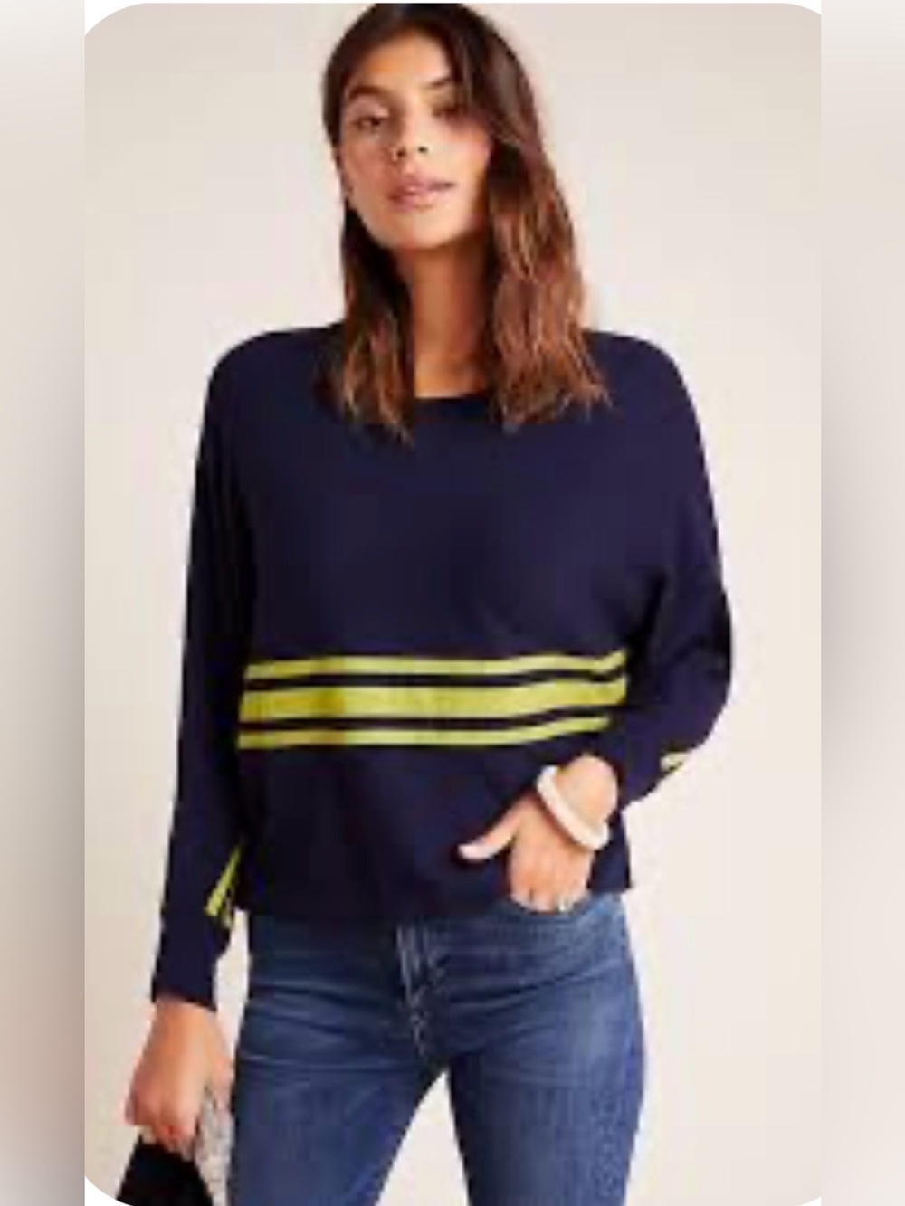 Anthropologie Reid Striped Batwing Sweatshirt Navy Blue Yellow Size XL